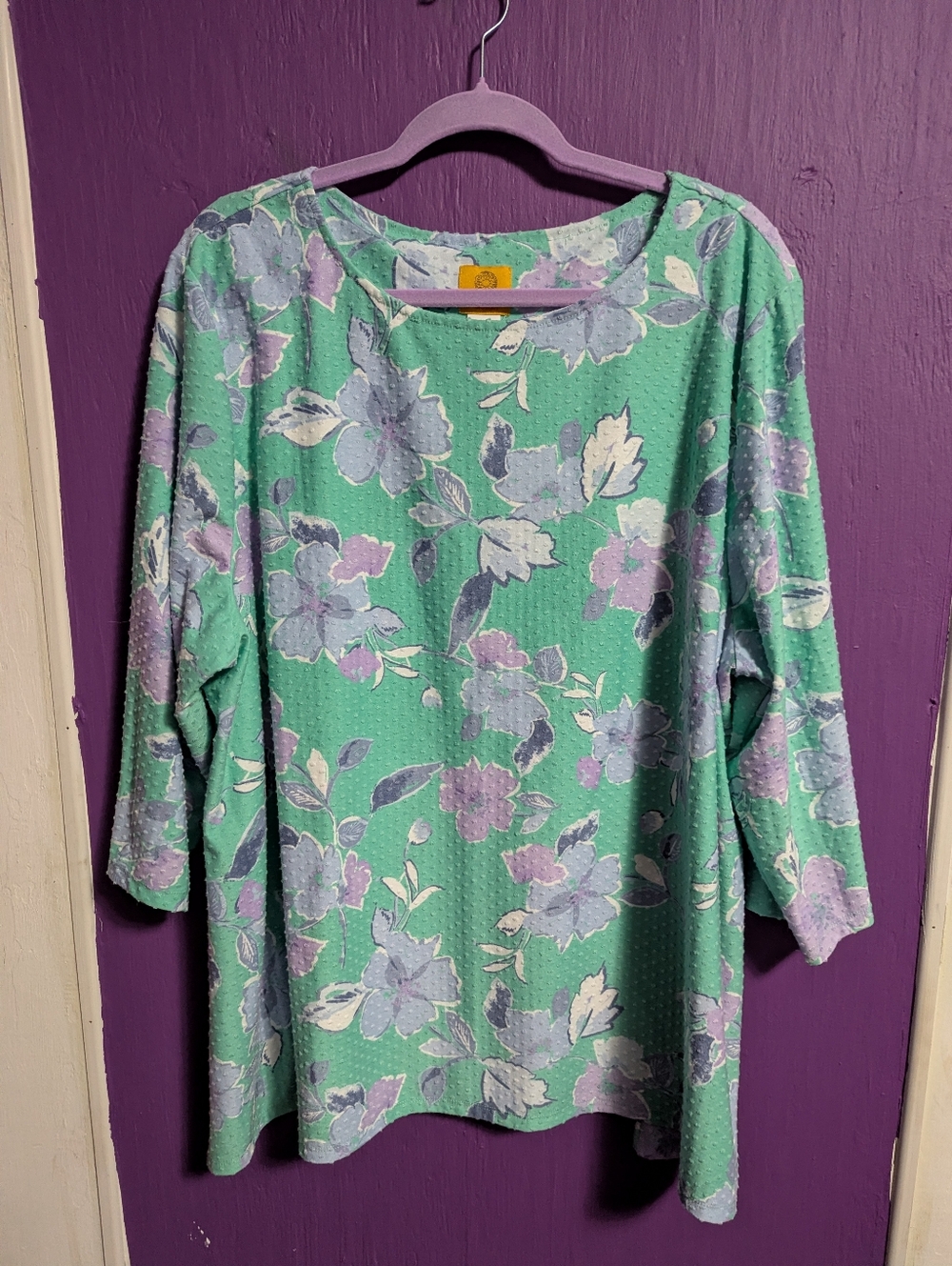 Ruby Road Seafoam Green Purple Floral Swiss Dot 3/4 Sleeve Blouse 3X 22 24